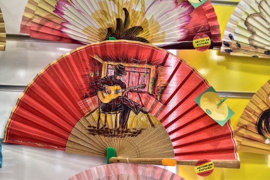 Traditional Spanish hand fans in a shop window of Toledo, Castile La Mancha, Spain