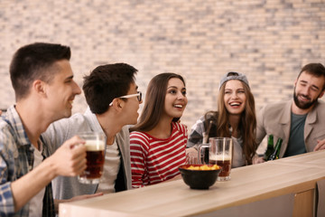 Group of cheerful friends drinking beer in bar