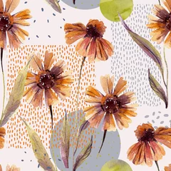 Deurstickers Watercolor flowers and leaves, circle, square shapes, minimal doodle textures © Tanya Syrytsyna