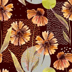 Fotobehang Aquarel bloemen en bladeren, cirkel, vierkante vormen, minimale doodle texturen © Tanya Syrytsyna
