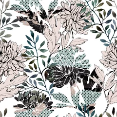 Poster Aquarelbloemen, bladeren gevuld met minimale doodle-texturen © Tanya Syrytsyna