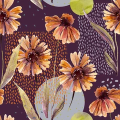 Foto op Canvas Aquarel bloemen en bladeren, cirkel, vierkante vormen, minimale doodle texturen © Tanya Syrytsyna