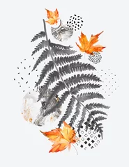 Poster Moderne compositie van aquarel bloemenelementen en geometrische vormen. © Tanya Syrytsyna