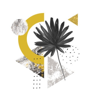 Fototapeta Abstract summer geometric shapes, exotic leaf. Triangles filled with marble, grunge textures, doodles, watercolor fan palm leaf. Hand painted geometrical art illustration in modern minimal style