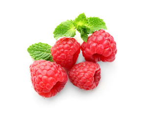 Delicious fresh ripe raspberries on white background