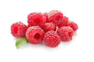 Delicious fresh ripe raspberries on white background