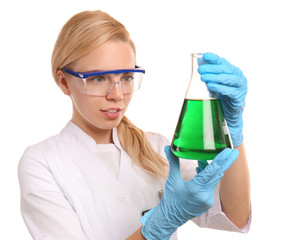 Female scientist with flask on white background