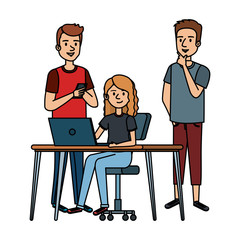 young woman at desk with laptop and companions