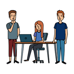 Obraz premium young woman at desk with laptop and companions