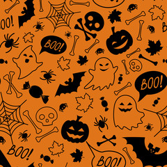 Halloween festive seamless pattern. Orange endless background with pumpkins, skulls, bats, spiders, ghosts, bones, candies, spider web and speech bubble with boo