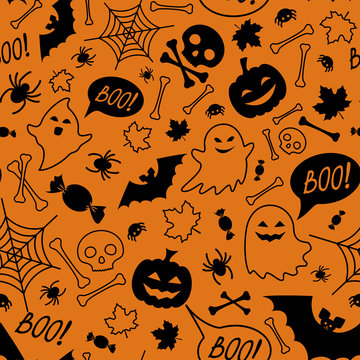 Halloween festive seamless pattern. Orange endless background with pumpkins, skulls, bats, spiders, ghosts, bones, candies, spider web and speech bubble with boo