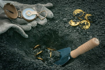 Coins searching. Treasure hunting concept. In search of a lost treasure.