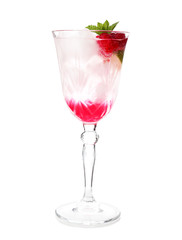 Glass of fresh raspberry mojito on white background