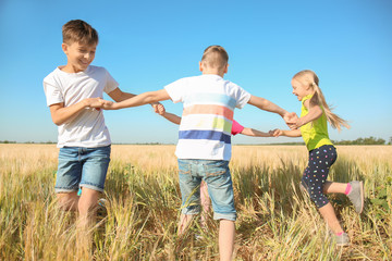 Fototapeta premium Śliczne małe dzieci bawiące się w polu pszenicy w słoneczny dzień