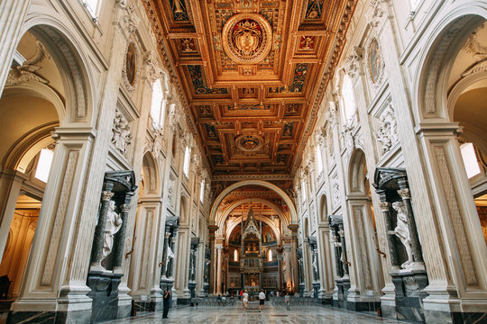 Salvatore Church in Rome, view from outside and inside. Frescoes and statues, architectural elements. A historic landmark, tourist destination. Ancient painting