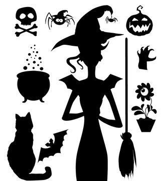Halloween set of black silhouettes isolated on white background.