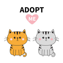 Gray orange cat silhouette. Adopt me. Pink heart. Pet adoption. Kawaii animal. Cute cartoon kitty character. Funny baby kitten. Help homeless animal Flat design. White background