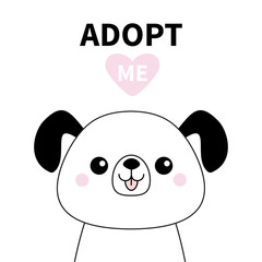 Cute dog face line silhouette. Adopt me. Pink heart. Pet adoption. Kawaii animal. Cute cartoon puppy character. Funny baby pooch. Help homeless animal Flat design. White background