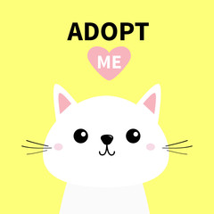 Cute cat face line silhouette. Adopt me. Pink heart. Pet adoption. Kawaii animal. Cute cartoon kitty character. Funny baby kitten. Help homeless animal Flat design. Yellow background