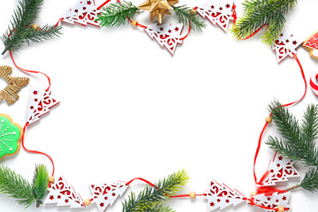 Fototapeta na wymiar Frame made of festive Christmas decor on white background