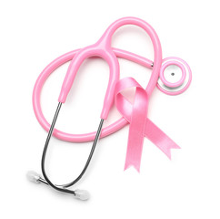 Pink ribbon and stethoscope on white background. Breast cancer awareness concept