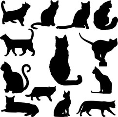 Set of black cats silhouettes isolated on white background. Vect