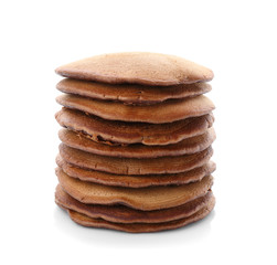 Tasty chocolate pancakes on white background