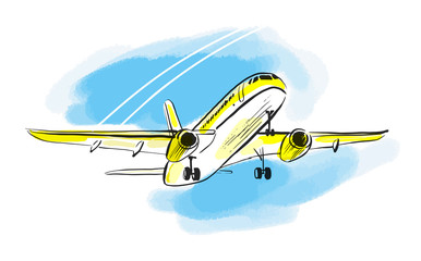 Airplane sketch in blue sky. Aircraft in minimalistic style with colored accents on sky and...