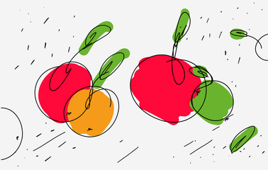 Vector sketch of apples in eclectic style. Light thin lines and curls with colored accents on...