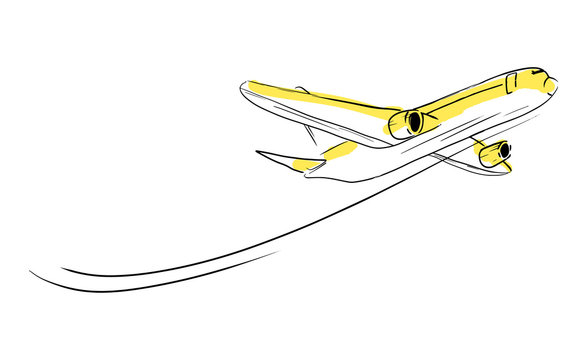 recommend clip art: Airplane sketch skyward in sky. Aircraft in minimalistic style with colored accents sunlight on plane. Hand draw line art. Vector isolated illustration. Use as icon sticker symbol poster card sign.