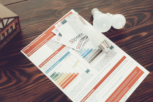 Energy Efficiency Certificate with Bulbs on Table.