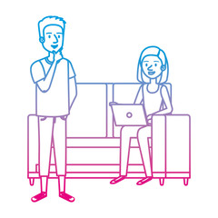 young woman at sofa with laptop and companions