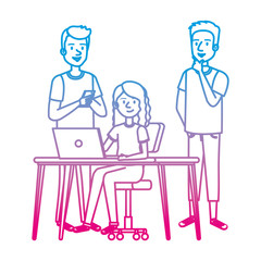 young woman at desk with laptop and companions