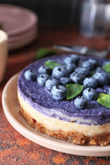 Delicious cheesecake with blueberries on plate, closeup