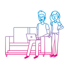 young man on the sofa with laptop and girl
