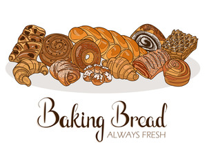 Decor for a shop or cafe with pastries, bread, baking. Bakery store, bread house, handwritten illustration with lettering. Signboard, vector