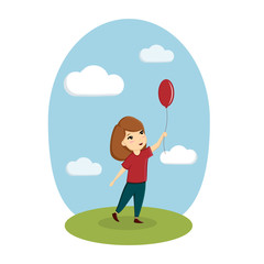 A girl is playing with a balloon on the street. Image, vector, illustration, template.