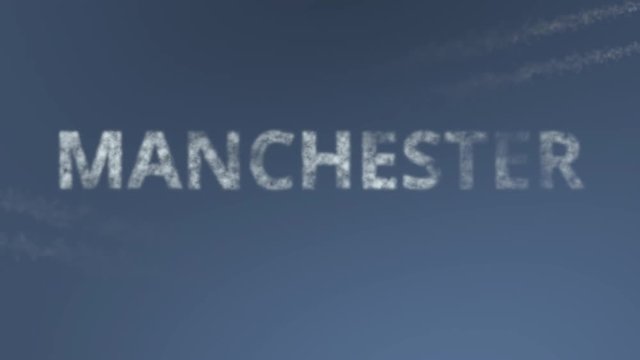 Flying airplanes reveal Manchester caption. Traveling to the United Kingdom conceptual intro animation