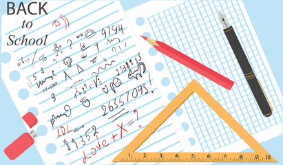 Back to school - scribbles on a sheet of paper in a ruler, triangle, pencil, pen - art vector