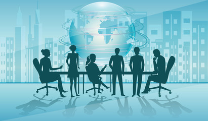 Team of businessmen in the office - cityscape and transparent globe - art vector. Concept of Information Ideas. International Business
