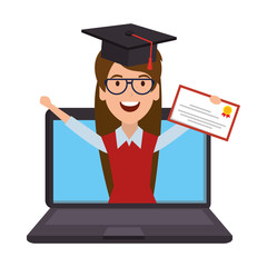 laptop with woman student and graduation diploma