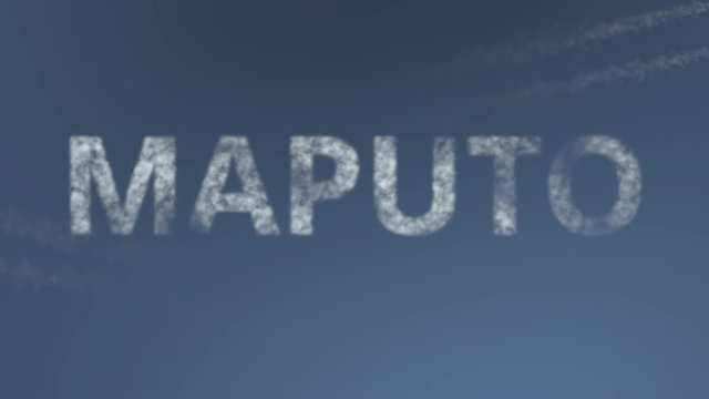 Flying airplanes reveal Maputo caption. Traveling to Mozambique conceptual intro animation