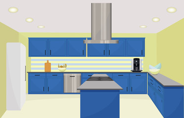Kitchen interior design vector illustration. Blue furniture in olive wall room for master chef.