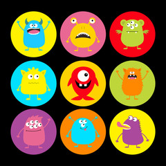 Cute monster round icon set. Happy Halloween. Cartoon scary funny character. Eyes, tongue, horns, hands up. Funny baby collection. Colorful black background Isolated. Flat design.