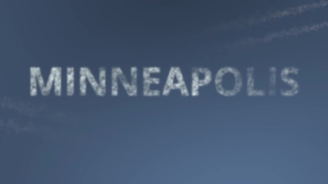Flying airplanes reveal Minneapolis caption. Traveling to the United States conceptual intro animation