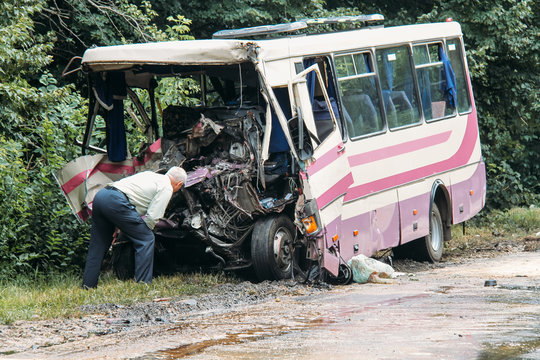 Broken bus after the accident