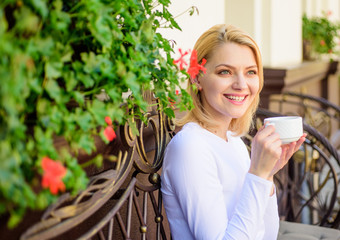 Girl drink coffee every morning at same place as daily ritual. Woman have drink cafe terrace...