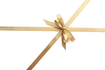 Golden ribbons with bow on white background
