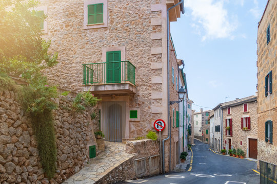 empty street in idyllic spanish village of Banyalbufar, Mallorca on sunny summer day