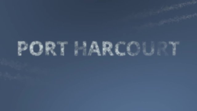 Flying airplanes reveal Port Harcourt caption. Traveling to Nigeria conceptual intro animation